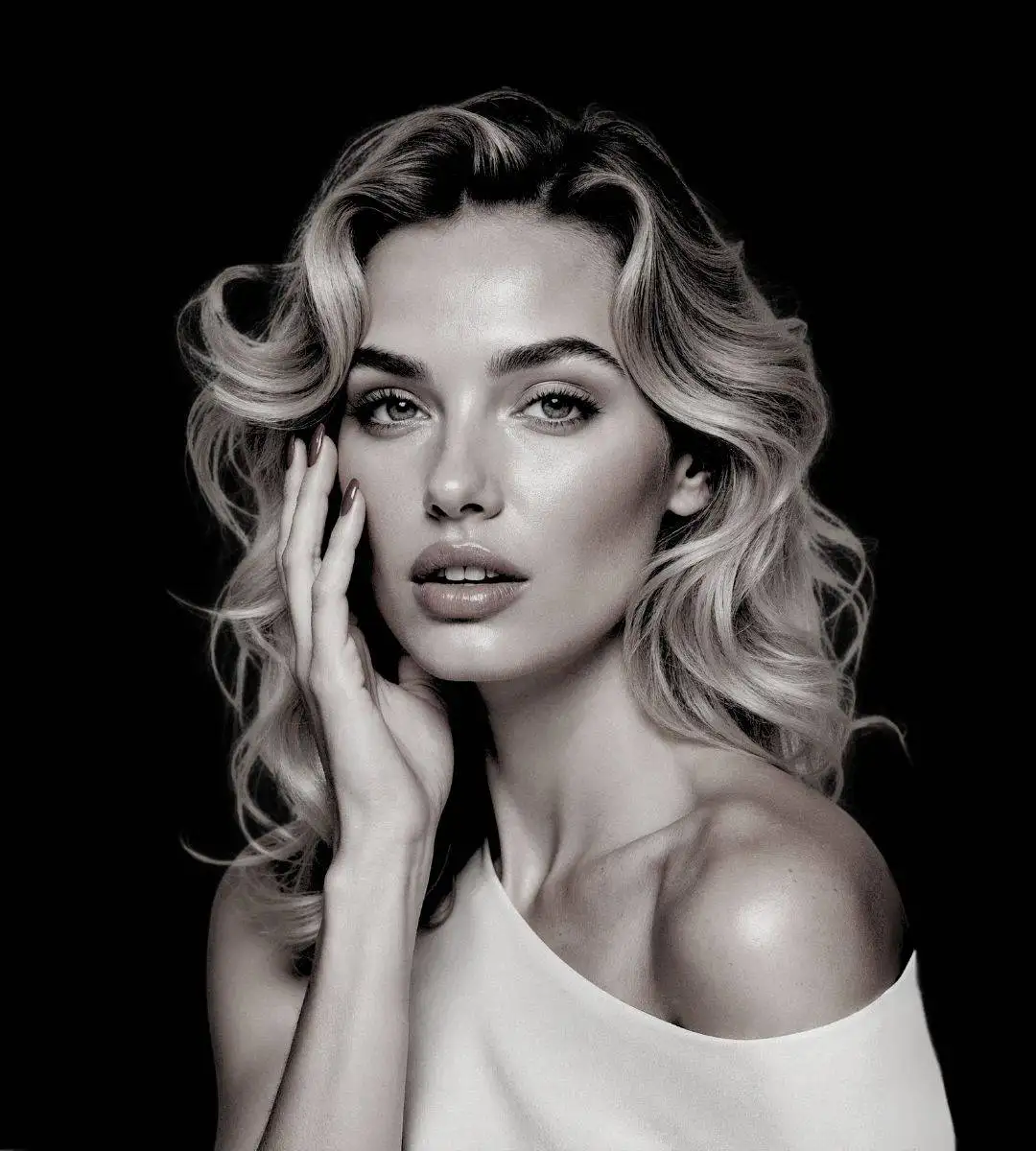 Kobieta o falujących blond włosach i jasnych oczach pozuje na czarnym tle, ubrana w biały top z odkrytymi ramionami. Delikatnie dotyka swojej twarzy, a jej pogodne spojrzenie odzwierciedla pewność siebie, która pochodzi z zabiegów botoks Wrocław.