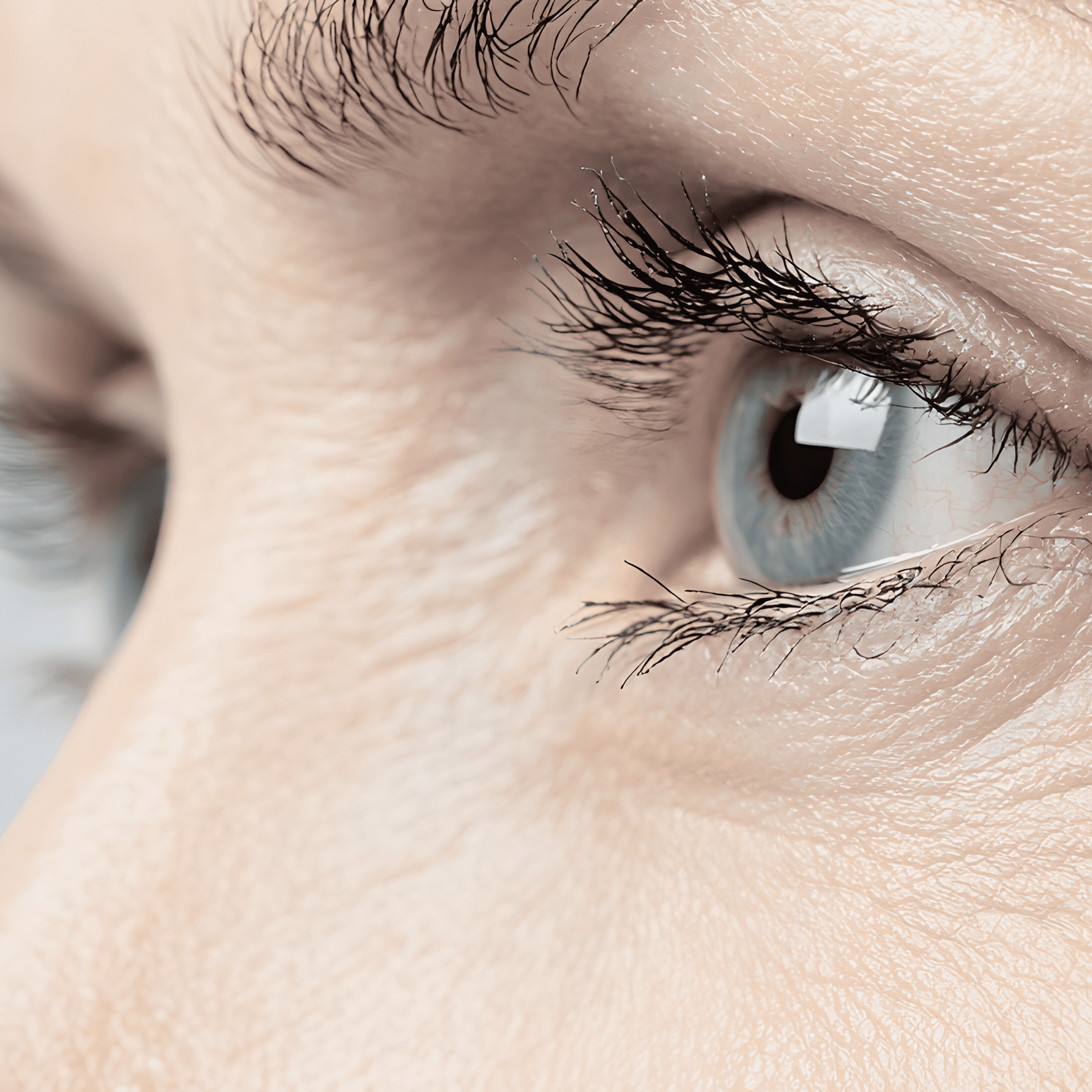 A close-up image of a person's blue eye, highlighting detailed eyelashes, eyebrow hairs, and textured skin—capturing the beauty often enhanced at a klinika medycyny estetycznej through medycyna estetyczna Wrocław.